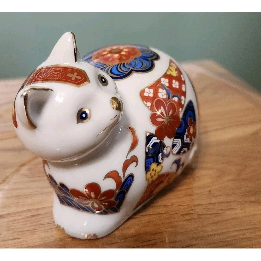 Japanese  Porcelain Decorated Cat Figurine Floral Gold Accents Imari Like Gift